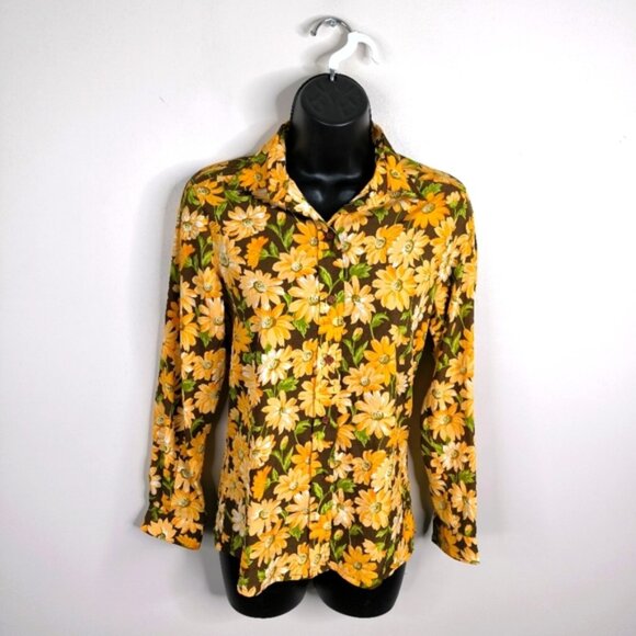 Vintage Charlie White Silk Retro 70s Floral Cottage Tapestry Sunflower Shirt M - Picture 1 of 6